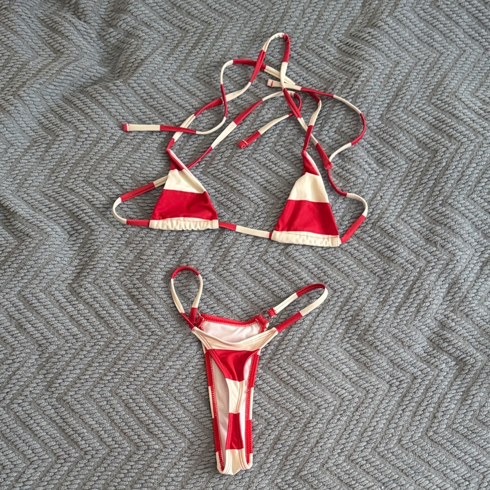 Red and Cream Strappy Bikini Set